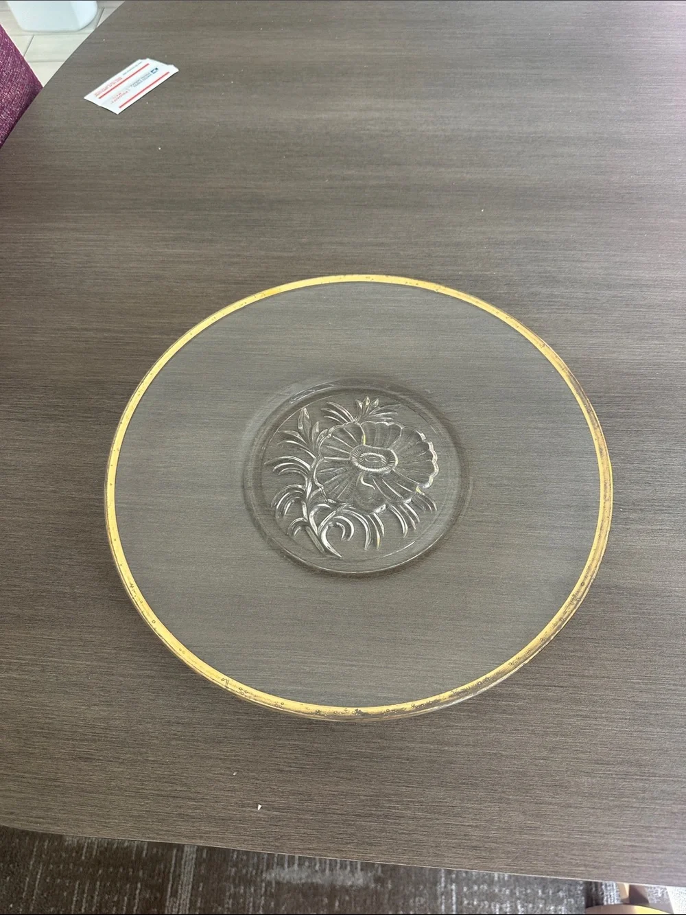 Clear Glass Plate with Gold Tone Rim and Floral Center